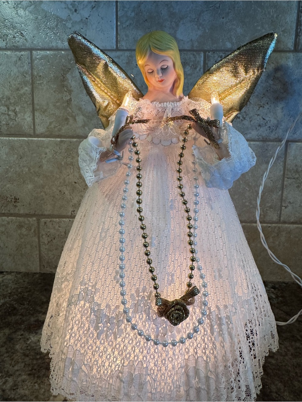 Lighted Angel Christmas Tree Topper 11” White Lace Gold Wings Candles Working